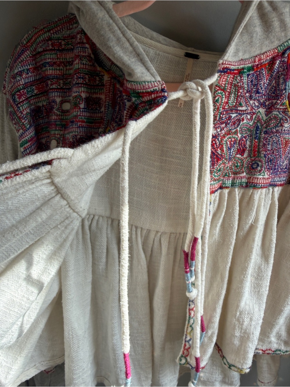 Free People Embroidered Hoodie Swing Cardigan Boho Peplum Jacket Womens M Cream - Picture 9 of 12